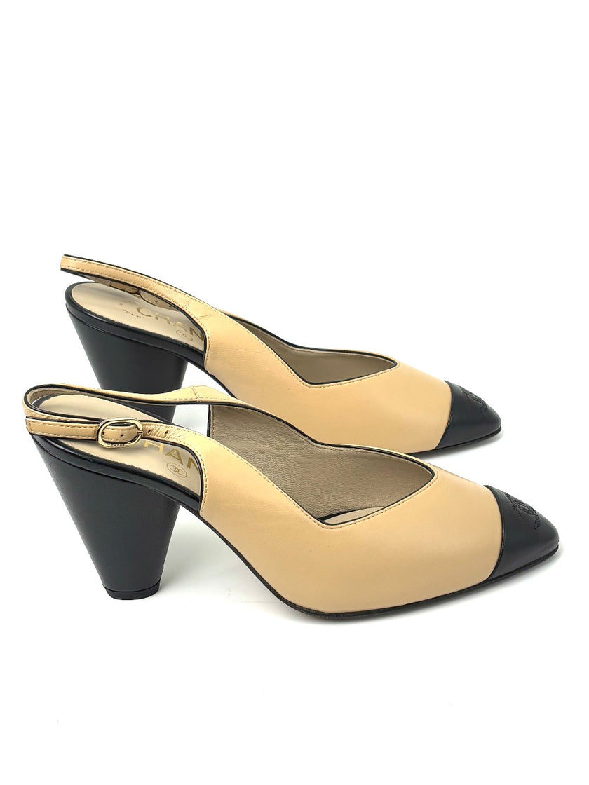 Brand New. Chanel Slingback Low Heel Beige Gold. 37.5|7671