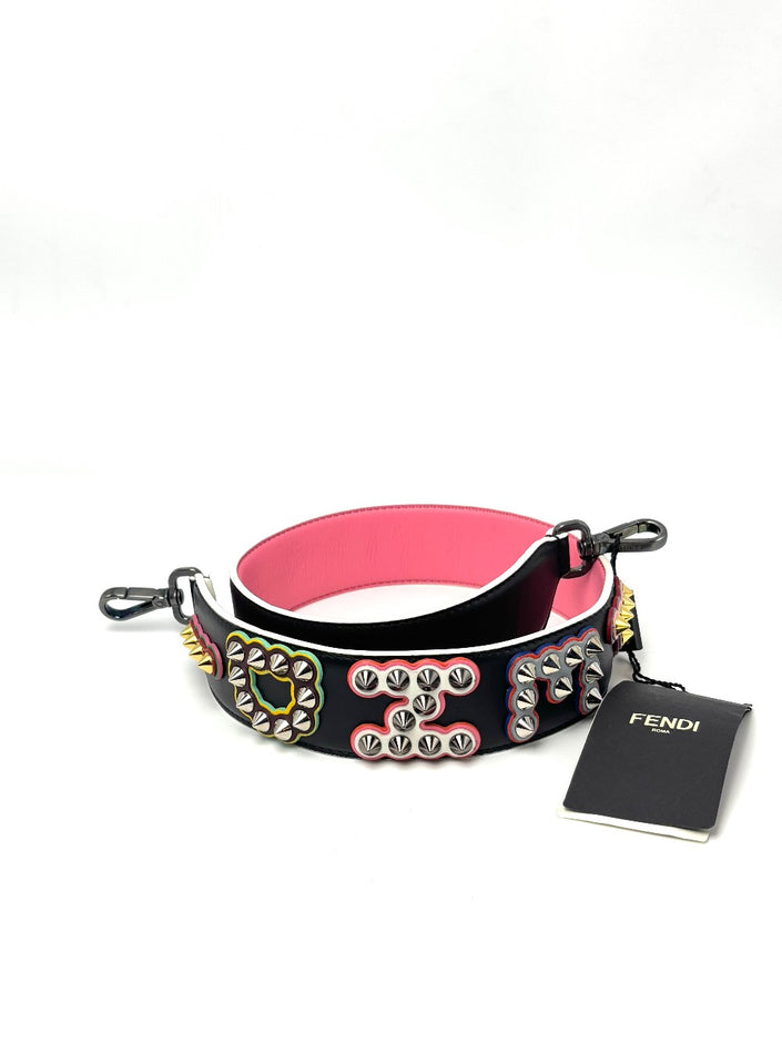 Brand New. Fendi Studded Bag Strap Black/Pink|6749