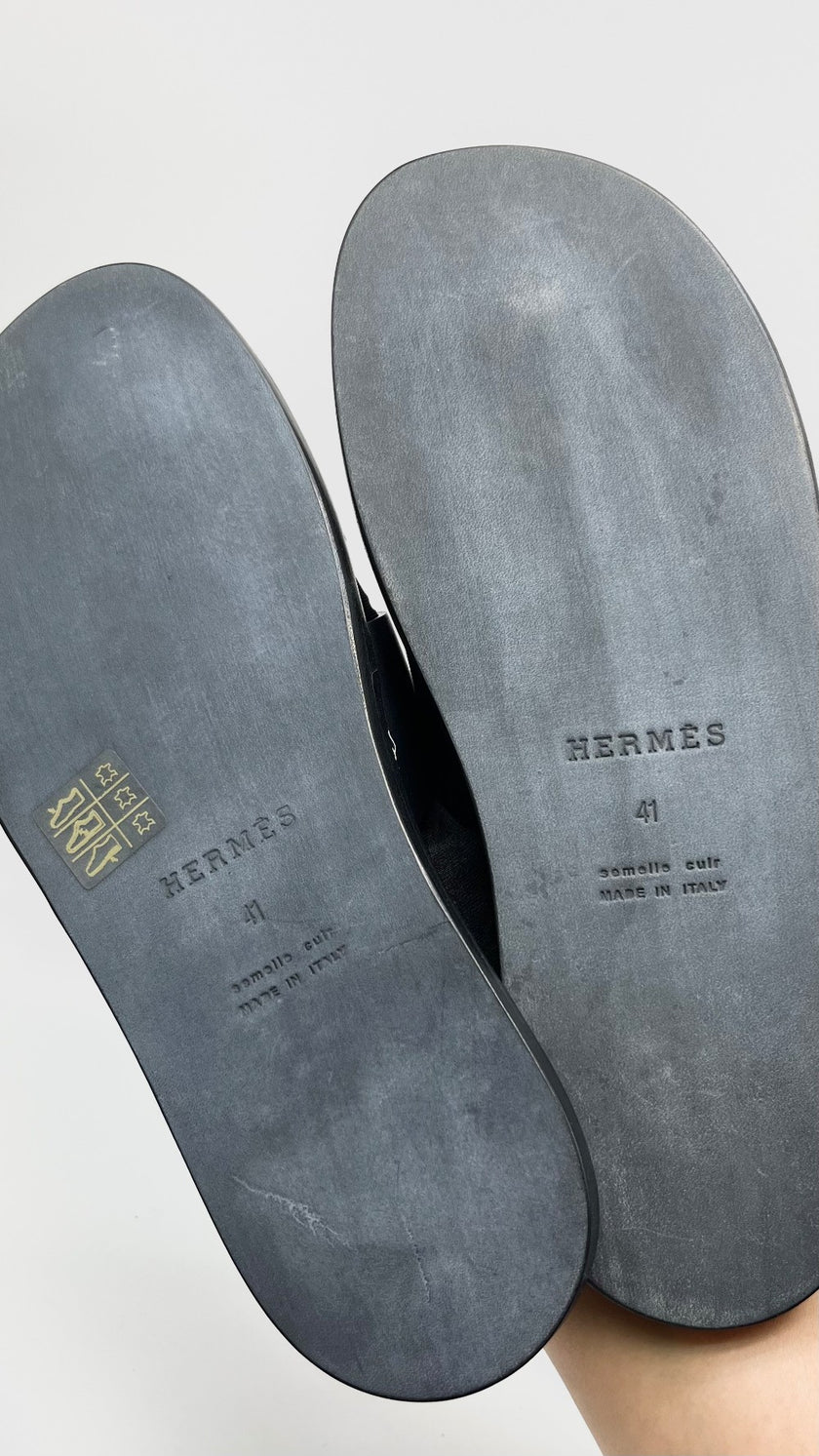 Brand New. Hermes Izmir Black Pony Sandals. 41|16205