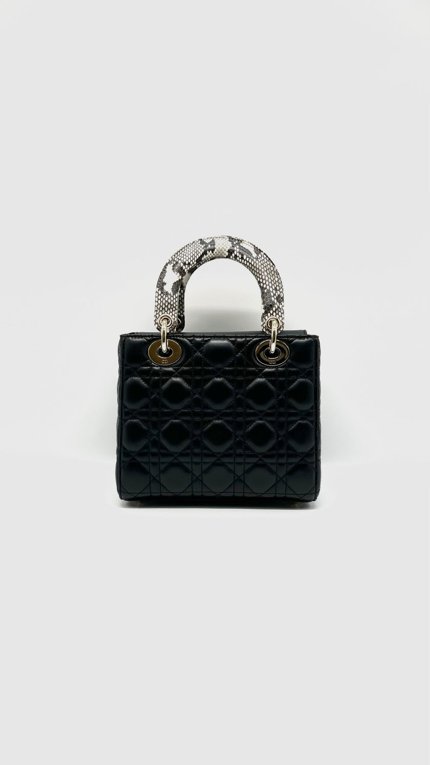 Like New. Lady Dior Small Black Lambskin with Snakeskin Top Handle GHW. 02MA0254|14678