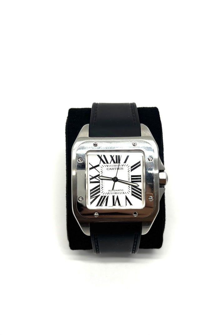 Preowned. Cartier Santos XL 100 White Roman Black Strap|16852