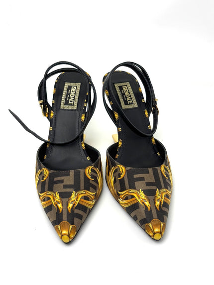 Brand New. Fendi X Versace Printed Silk Heels. 37|6488