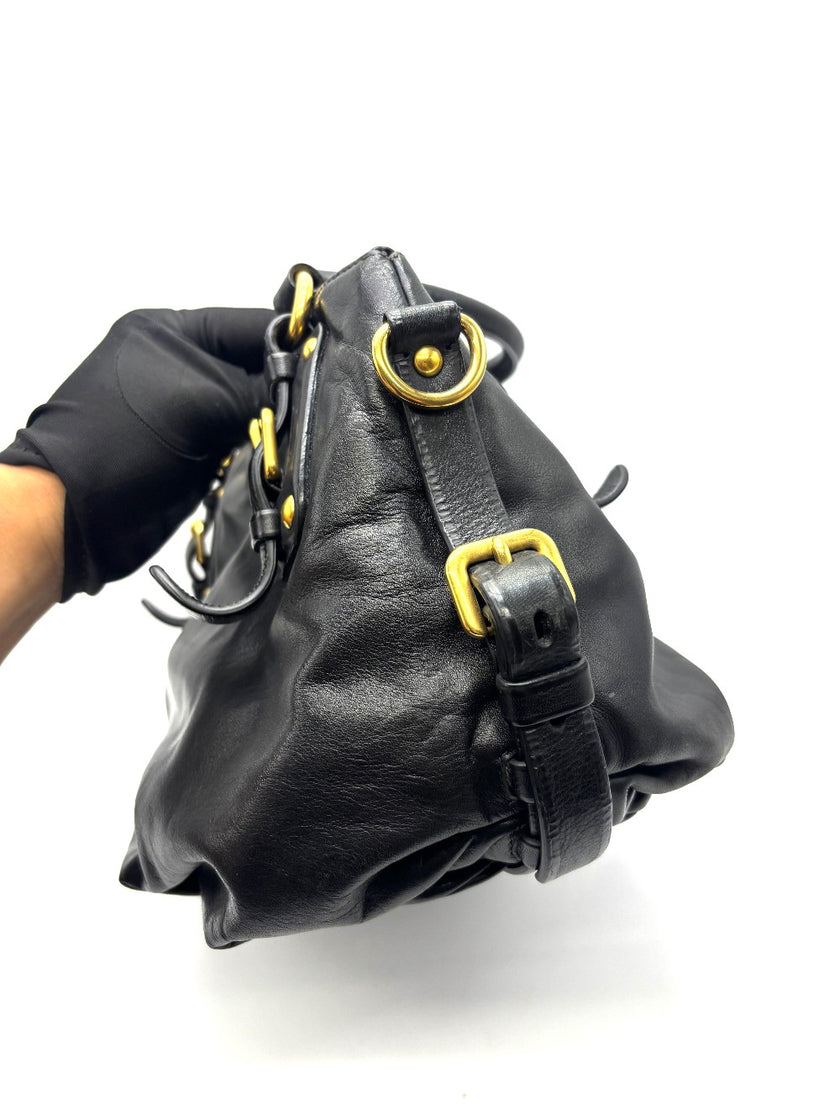 Preowned. Prada Black Soft Calfskin Leather Satchel Bag|17646