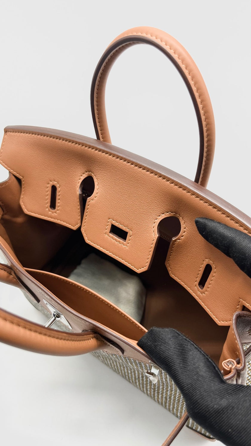 Brand New. Hermes Birkin 25 Gold Toile Swift PHW. BCT598AG|14145