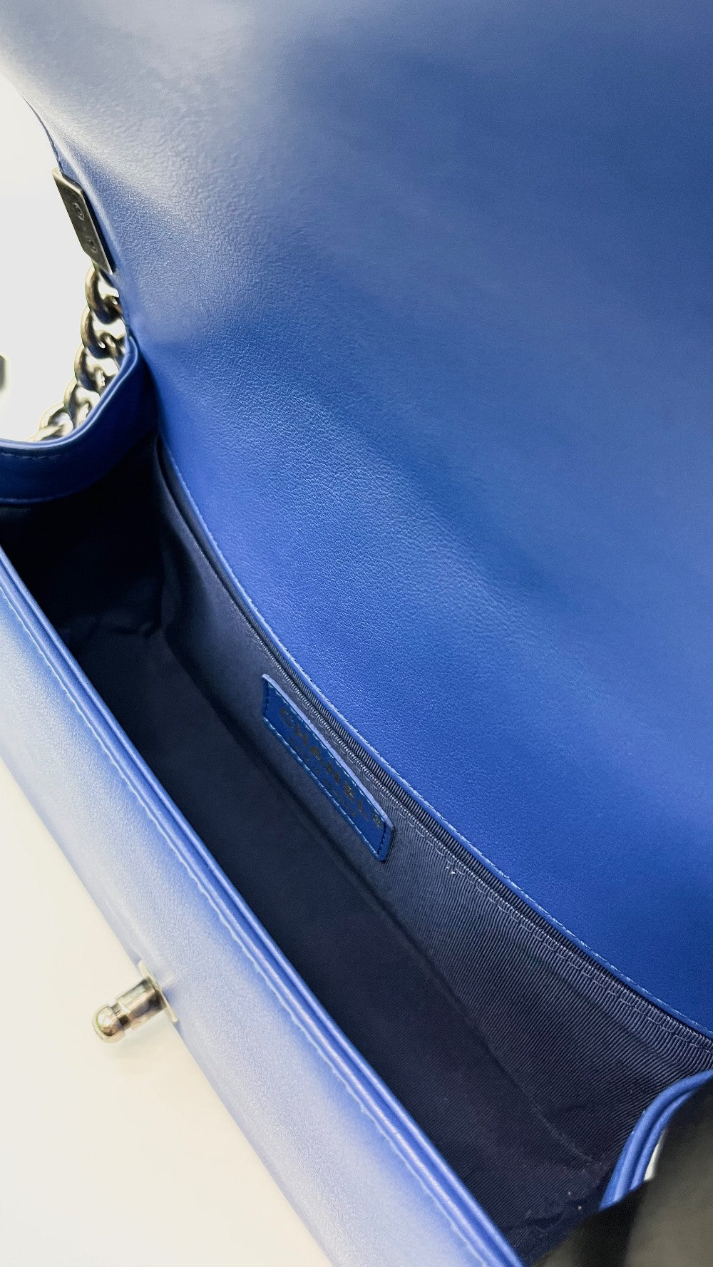 Preowned. Chanel Leboy Old Medium Blue Chevron Lambskin Ruthenium Hardware. 22584670|16090