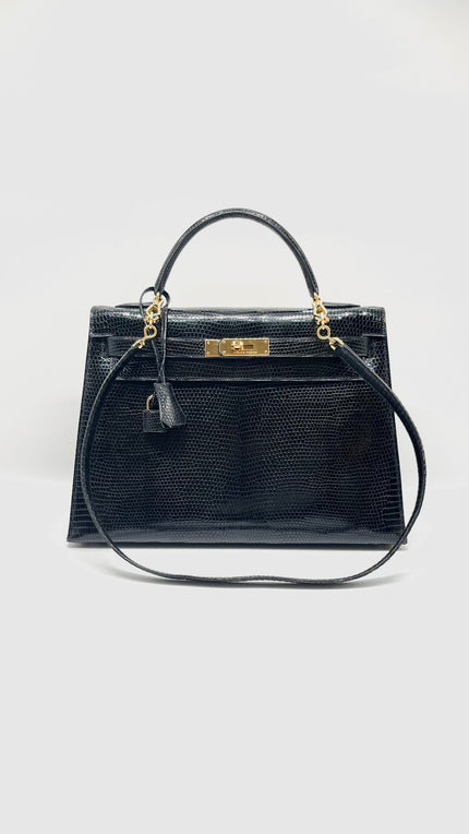 Preowned. Hermes Kelly 32 Noir Lizard GHW. U Circle R|11220