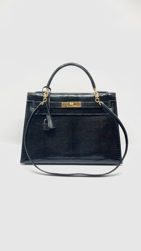 Preowned. Hermes Kelly 32 Noir Lizard GHW. U Circle R|11220