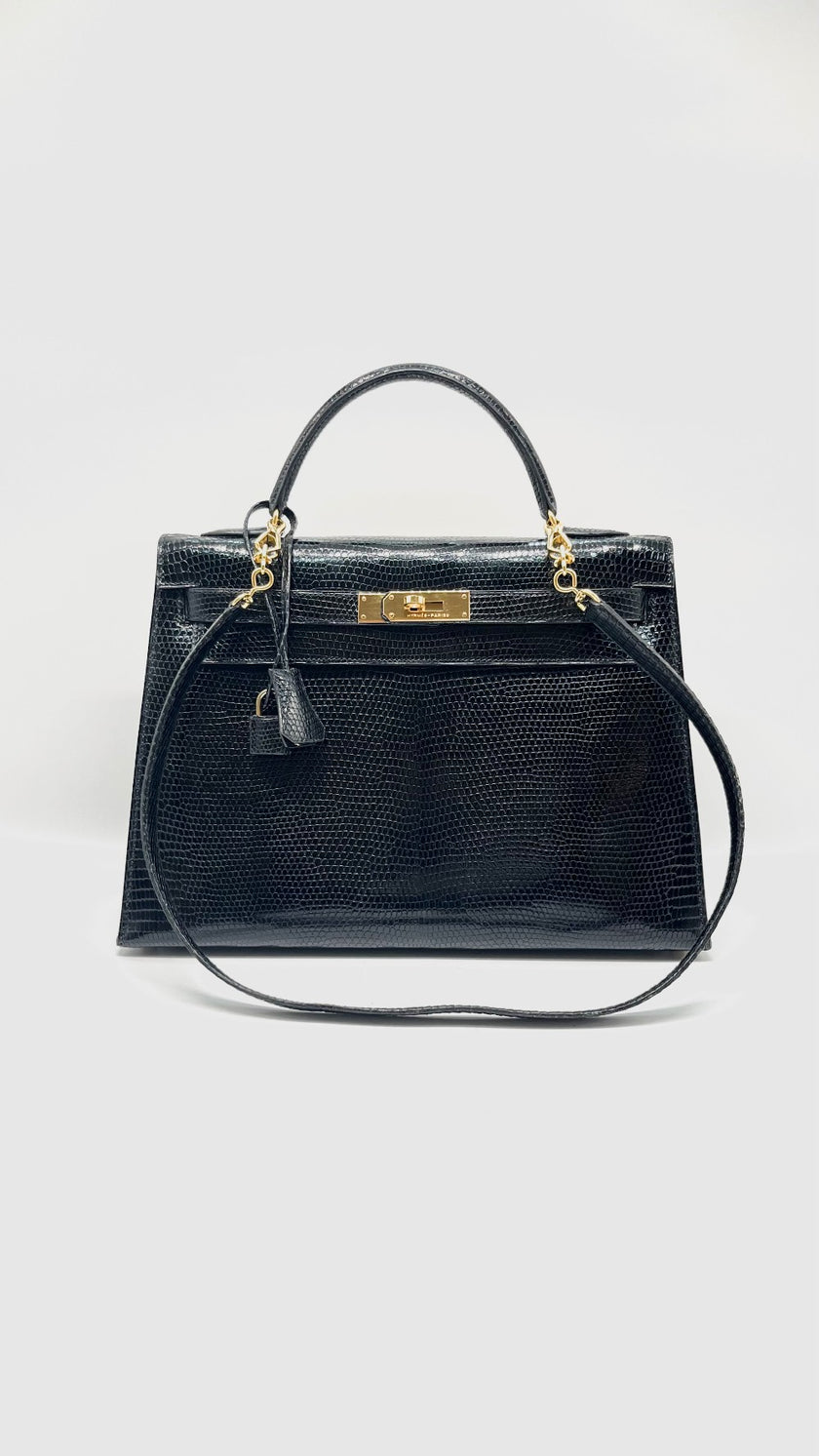 Preowned. Hermes Kelly 32 Noir Lizard GHW. U Circle R|11220
