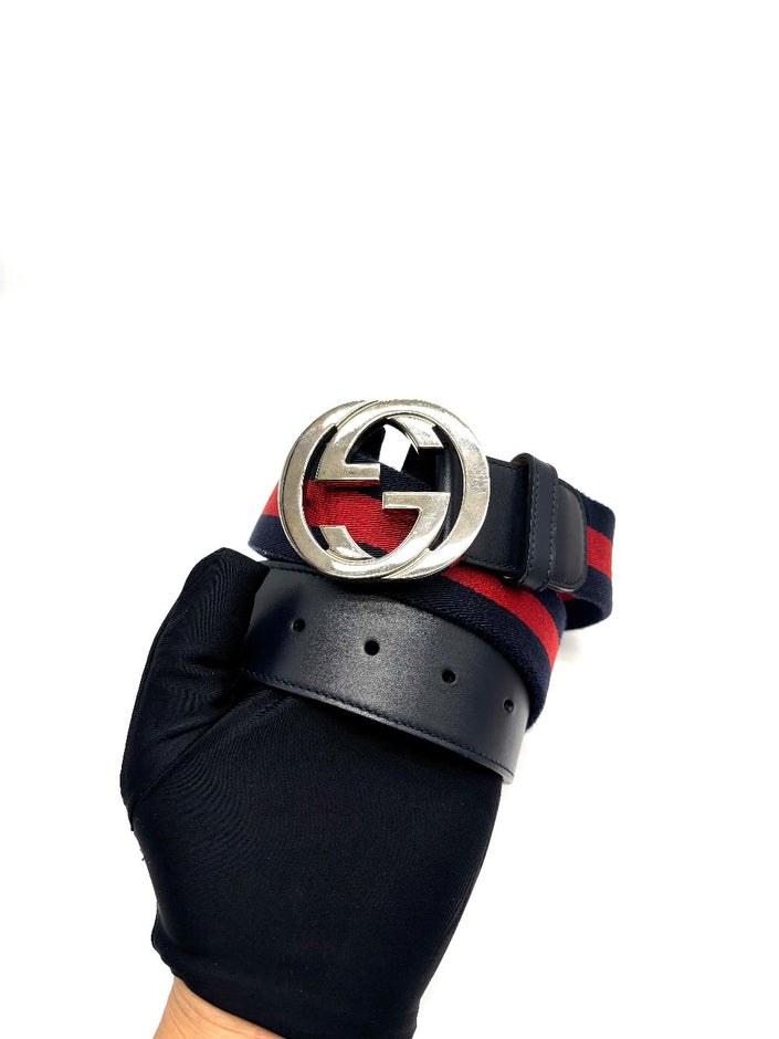 Preowned. Gucci Interlocking Buckle Belt Blue/Red. 85cm|16981