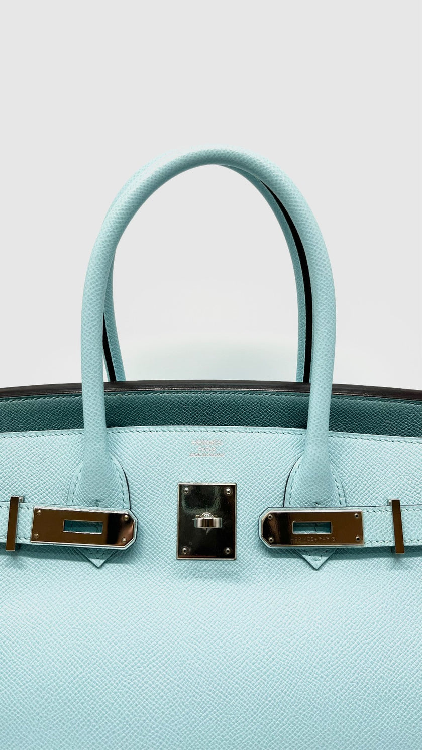 Preowned. Hermes Birkin 30 Blue Atoll Epsom PHW. TBY011KX|15222