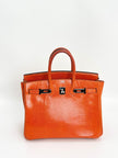 Preowned. Hermes Birkin 25 Lizard Tangerine PHW. J Square 30|3421