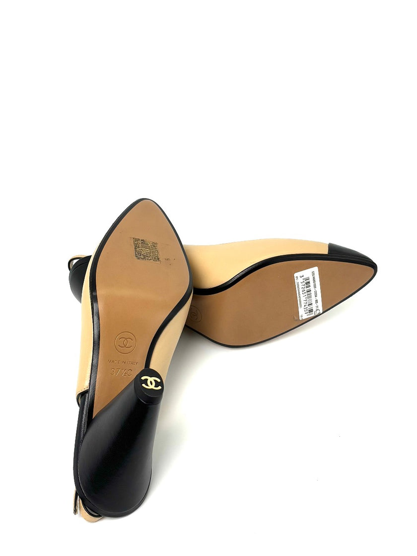 Brand New. Chanel Slingback Low Heel Beige Gold. 37.5|7672