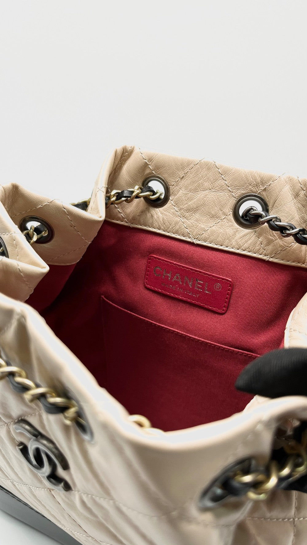 Preowned. Chanel Small Gabrielle Backpack Clafskin Beige/Black Mixed Metal. 25376023|10369