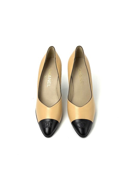 Brand New. Chanel Heel Beige Black Heel. 36|7674