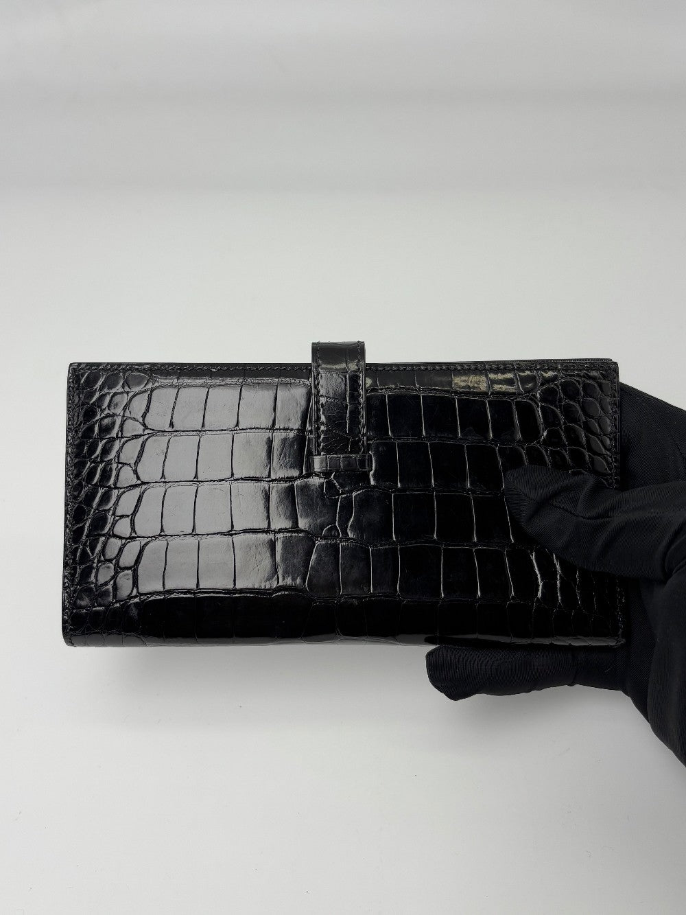 Preowned. Hermes Bearn Wallet Croc Black. Q|6967