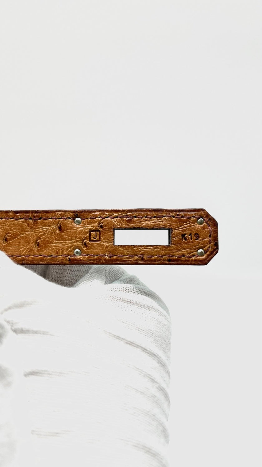 Preowned. Hermes Birkin 30 Ostrich Cognac PHW. J Square K19|11190