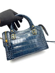 Unused. Balenciaga Metallic City Edge Mini Croc Blue GHW|17459