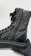 Preowned. Fendi Fabric Jacquard Vitello Domino Biker Boots Black Asfalto Size 39|11295