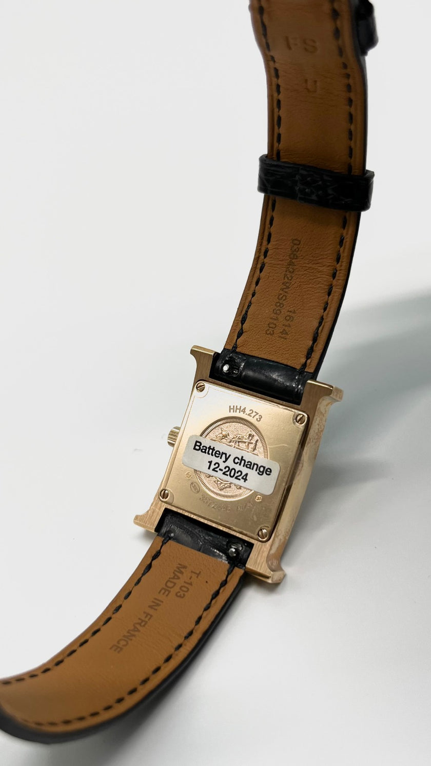 Preowned. Hermes H Watch Rosegold Croc w/ Diamonds|5718