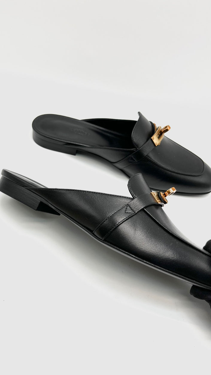 Brand New. Hermes OZ Mule Black RGHW. 38|16182