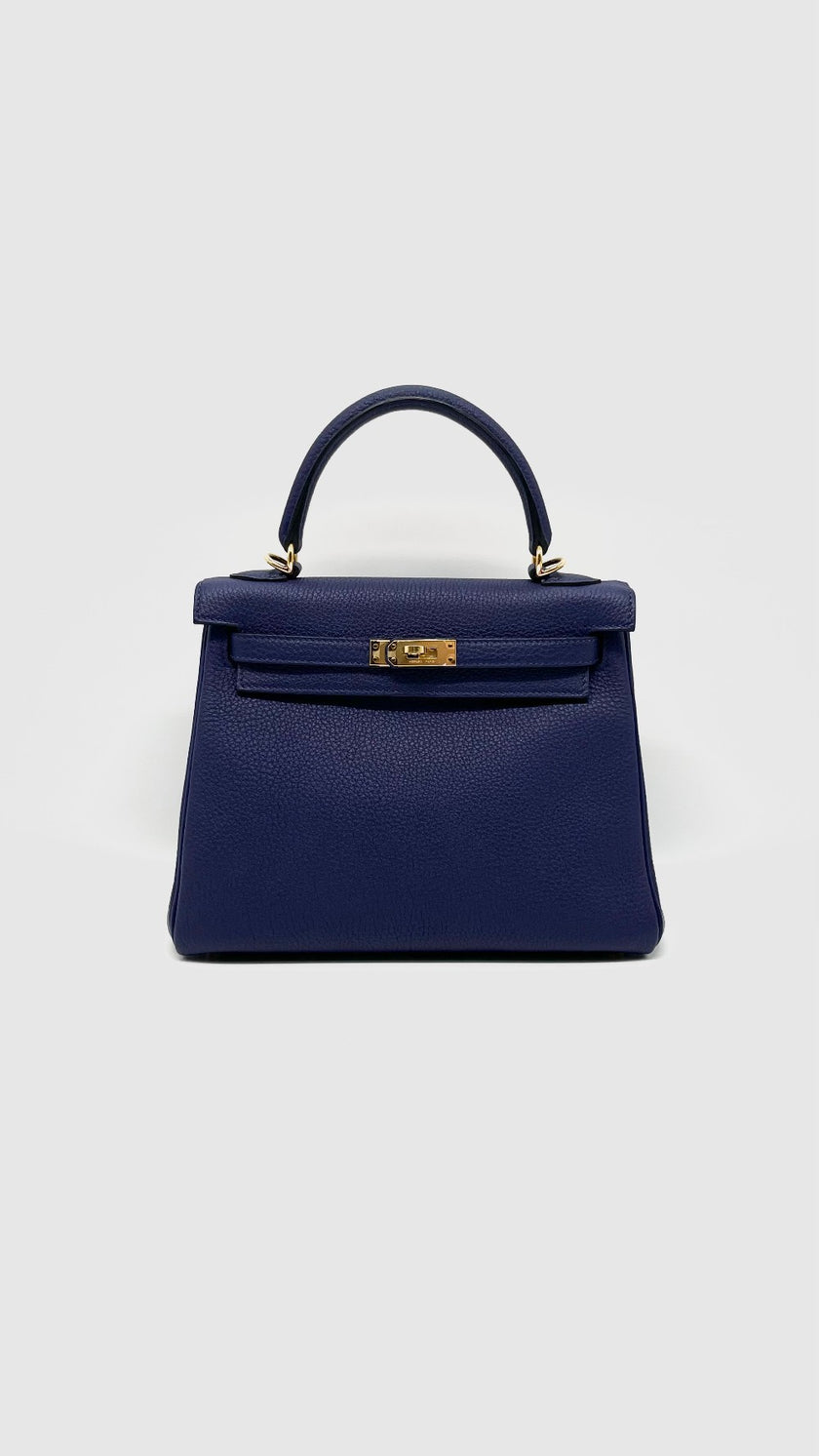 Preowned. Hermes Kelly 25 Blue Encre Togo GHW. CHT774CI|14146
