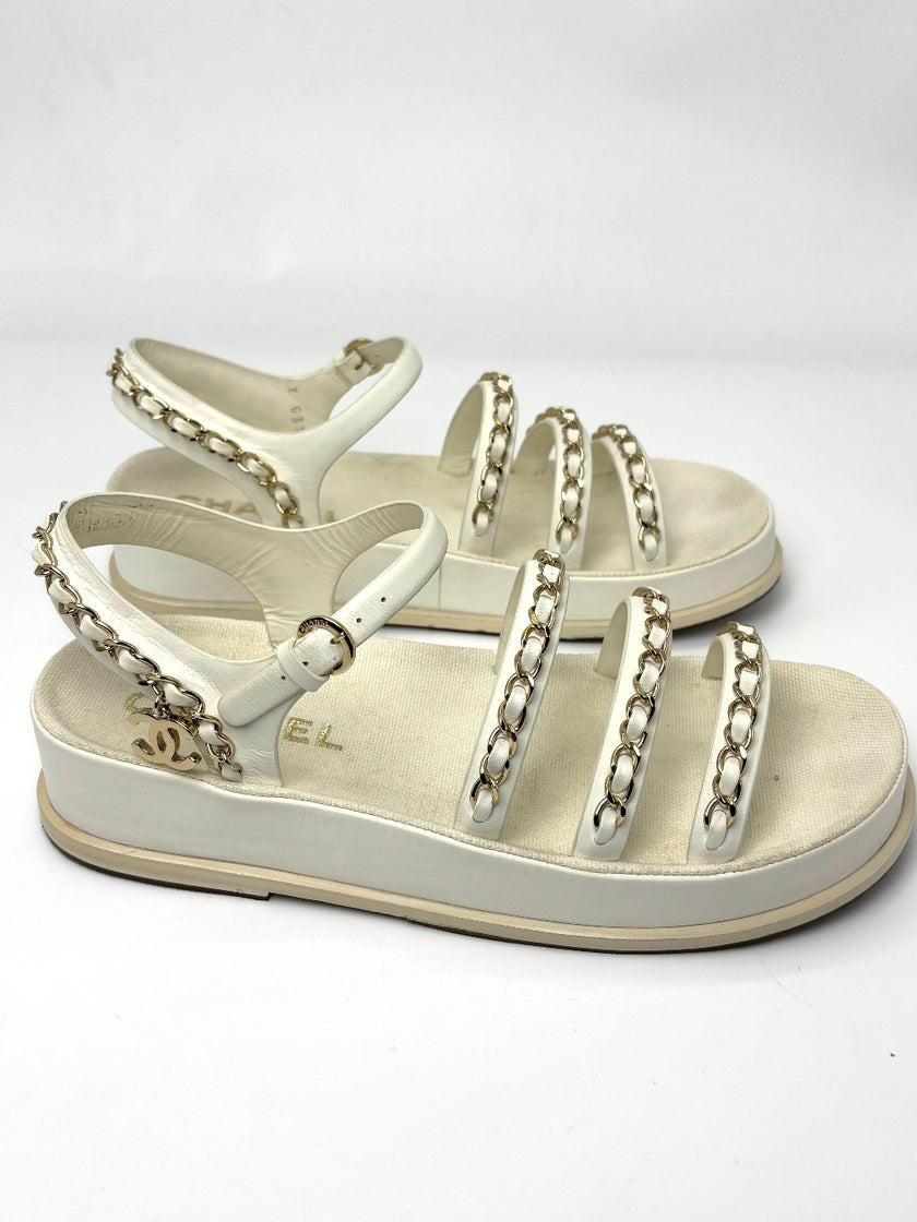 Brand New. Chanel Chain Sandals White. 37|6470