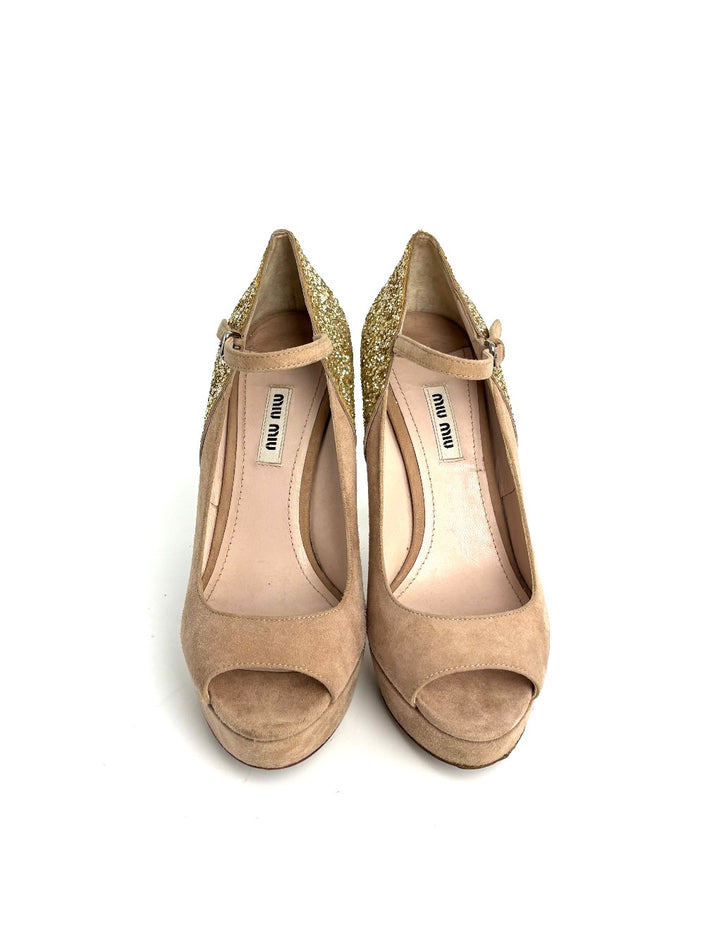 Preowned. Miu Miu Heel Glitter Nude. 38|12642