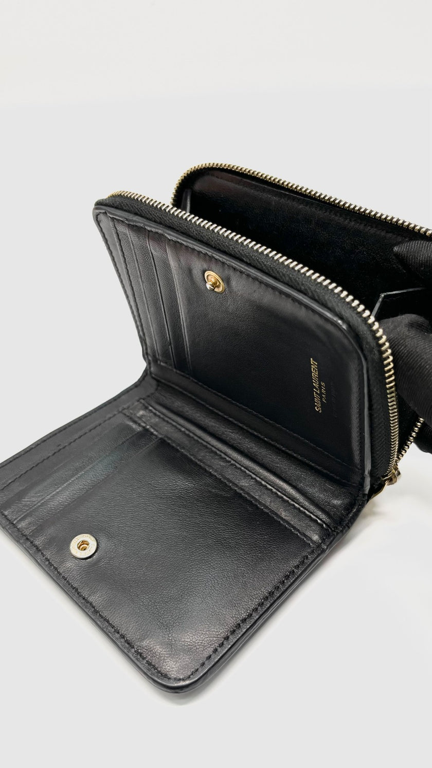 Preowned. YSL Lipstick Pattern Zip Wallet Black GHW|9606