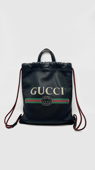 Preowned. Gucci Drawstring Backpack Black Calfskin. 523586|16778