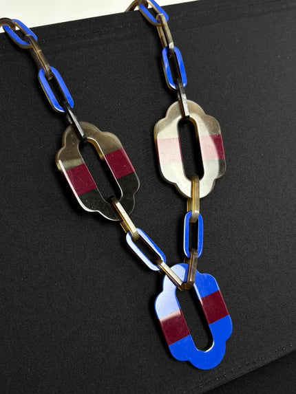 Preowned. Hermes Long Necklace Attelage Maroon/Blue/Gray|10980