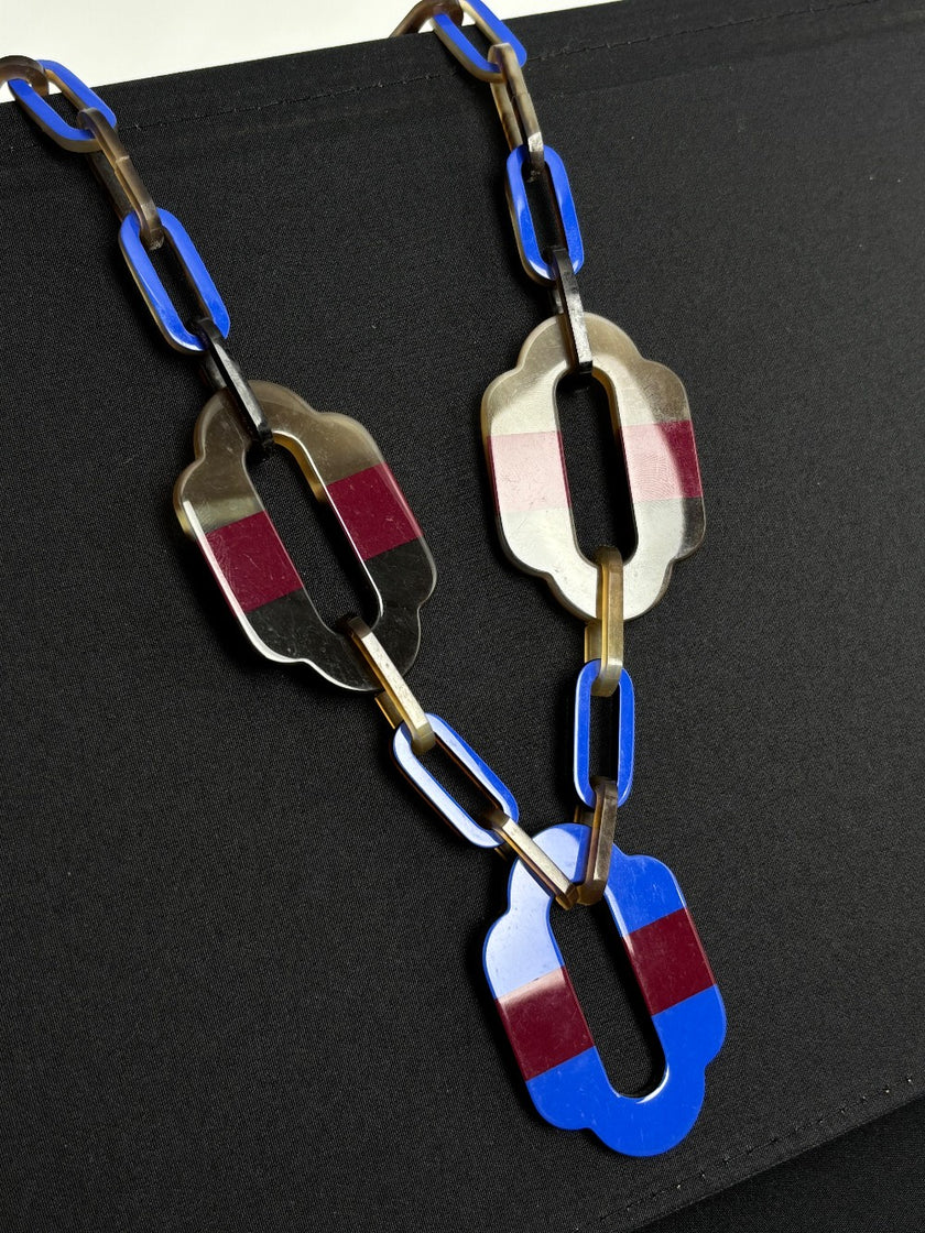 Preowned. Hermes Long Necklace Attelage Maroon/Blue/Gray|10980