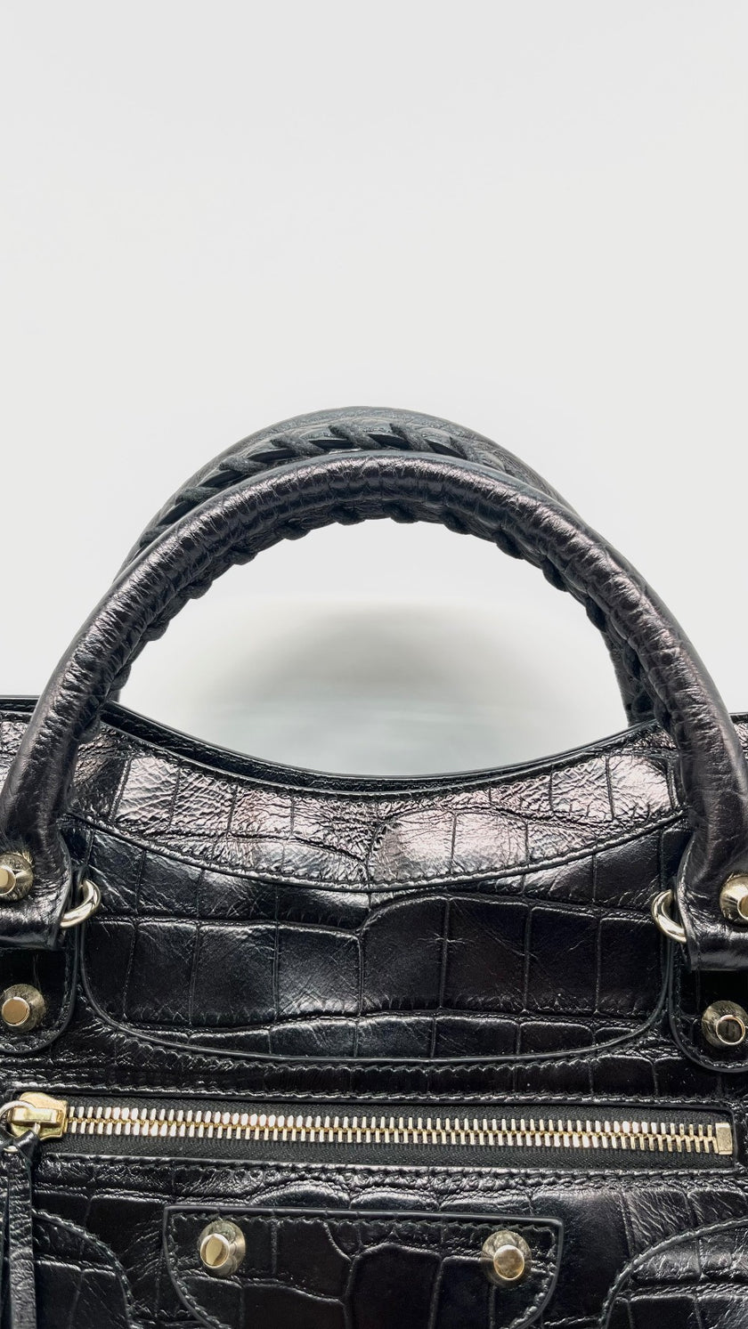 Preowned. Balenciaga City Black Croc Embossed Medium GHW|11434