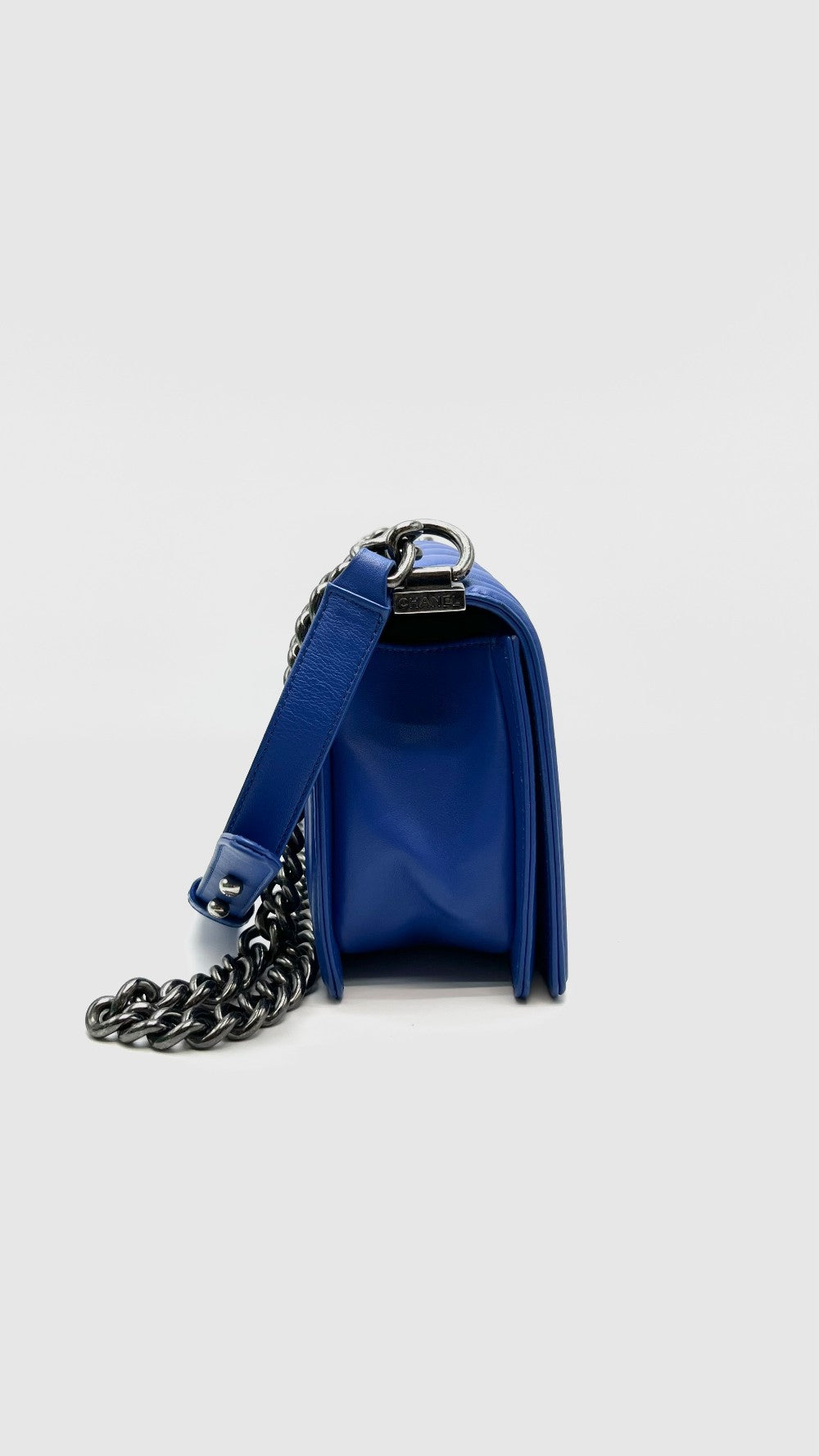Preowned. Chanel Leboy Old Medium Blue Chevron Lambskin Ruthenium Hardware. 22584670|16088