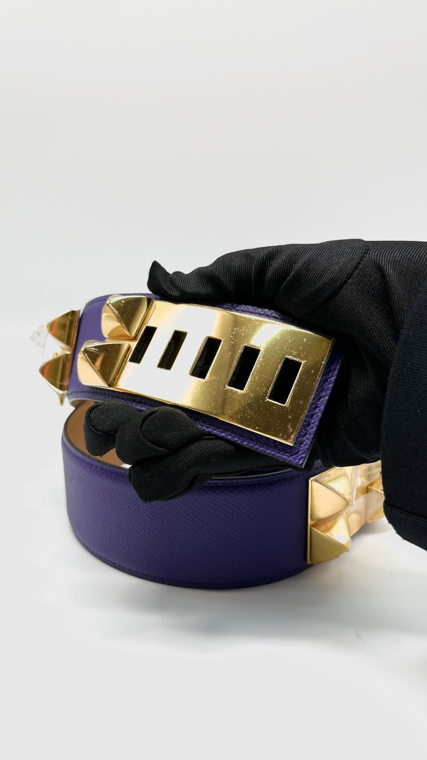 Preowned. Hermes Medor Belt Ultraviolet Epsom GHW 90. QHS|9950
