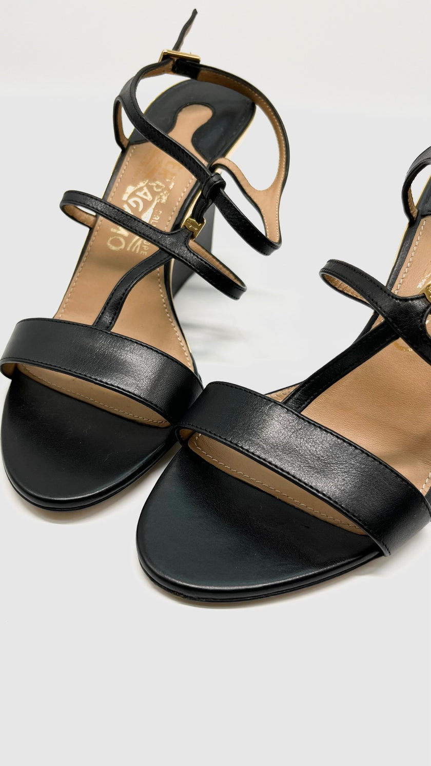 Brand New. Ferragamo Wedge Black/Gold. 36|10804