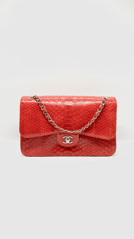 Preowned. Chanel Double Flap Jumbo Red Phyton GHW. 19198219|9854
