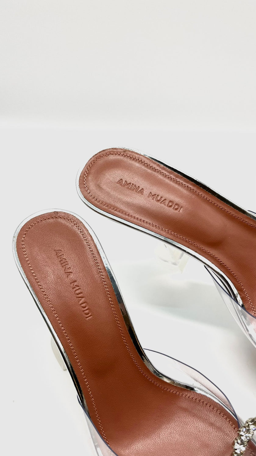 Brand New. Amina Muaddi Begum Glass. 37|10618