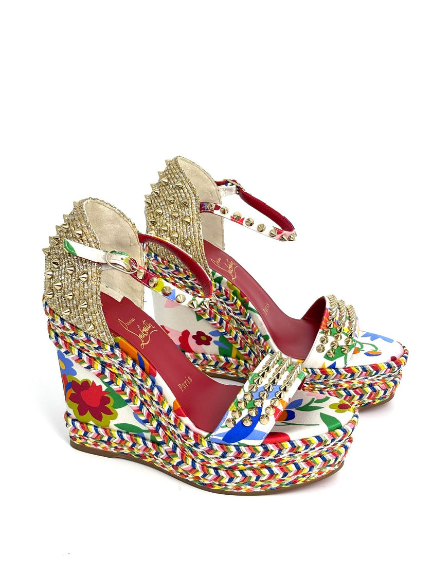 Brand New. Christian Louboutin Madmonica Espadrille Wedge Multicolor Gold Studded. 37|12368