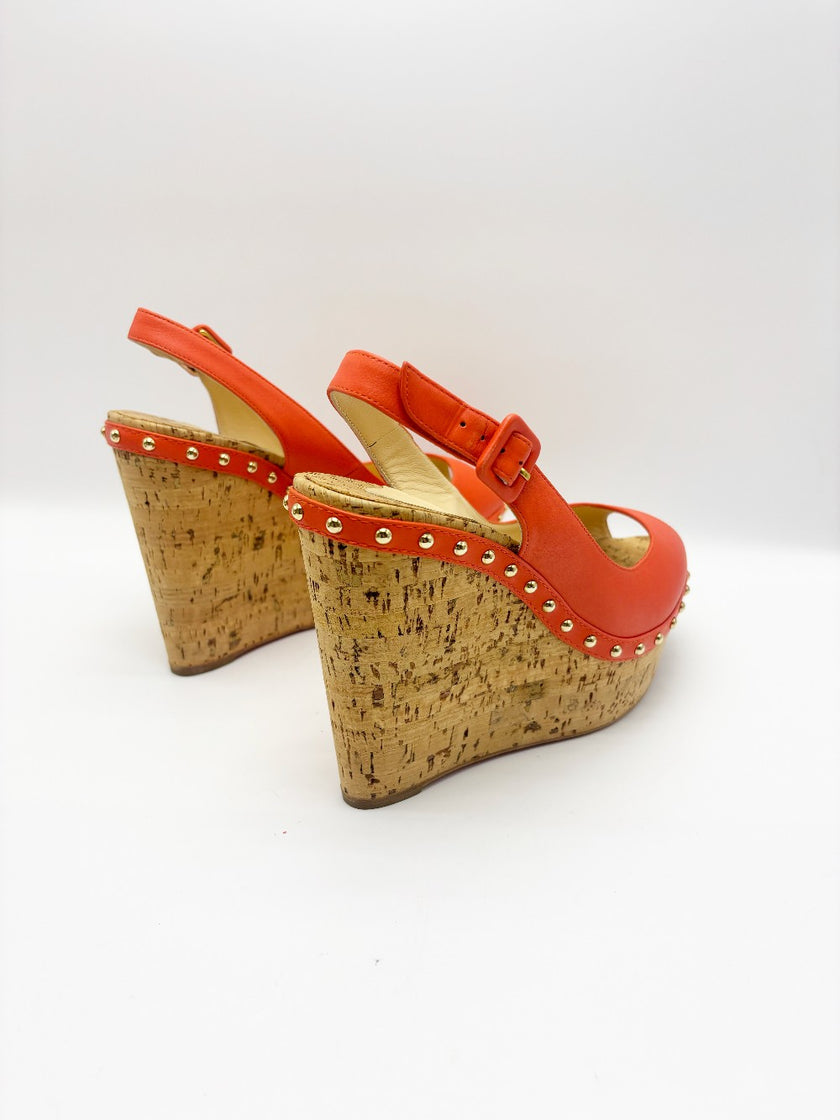 Unused. Christian Louboutin Monico Slingback Cork Platform Wedge Flame/Gold. 39|17847
