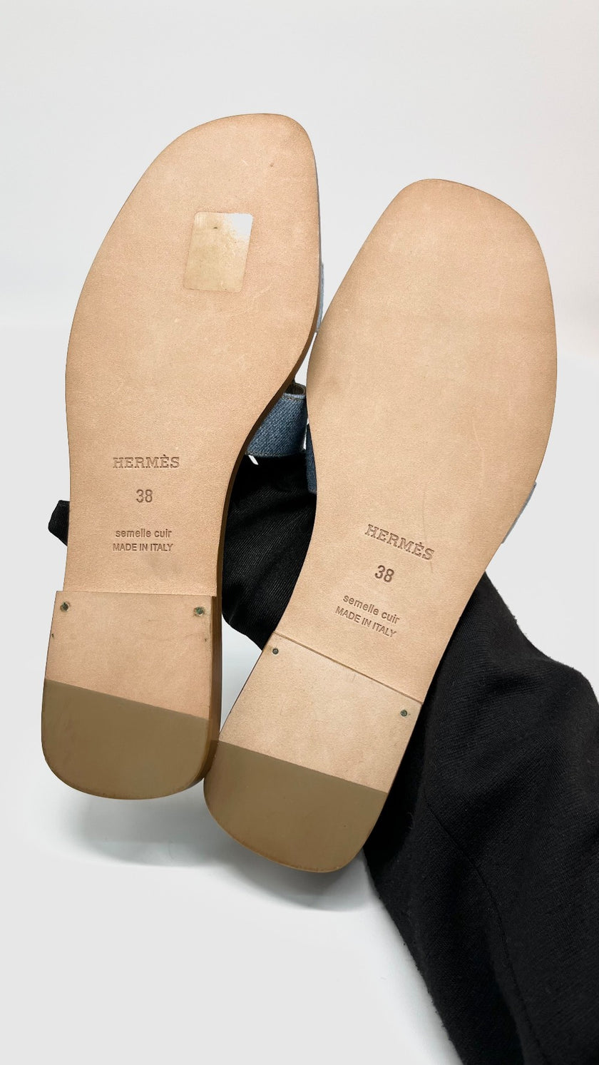Brand New Hermes Oran Sandal Etoupe/Denim. 38|6874