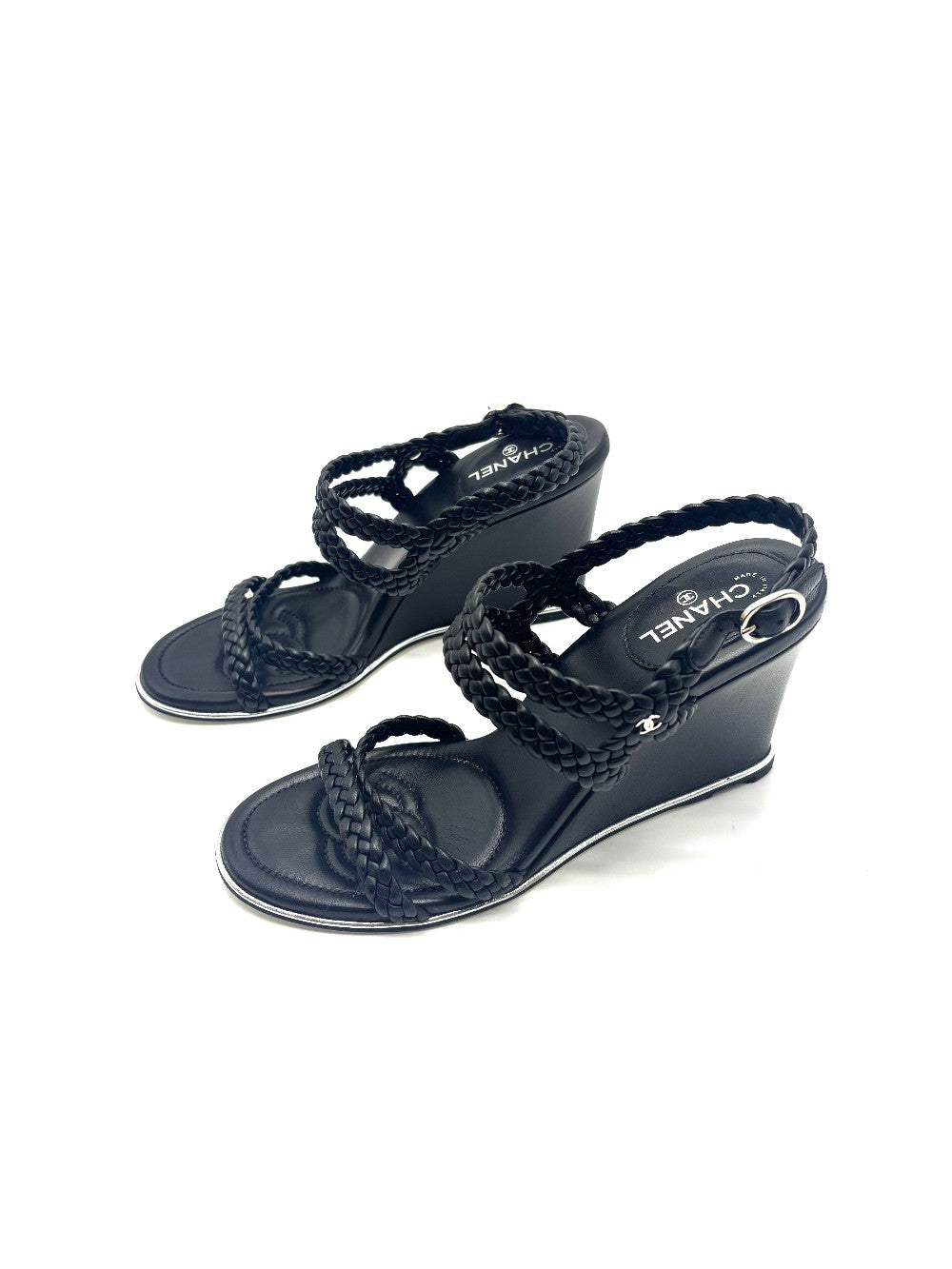Preowned. Chanel Braided Wedge Black. 37.5|17046