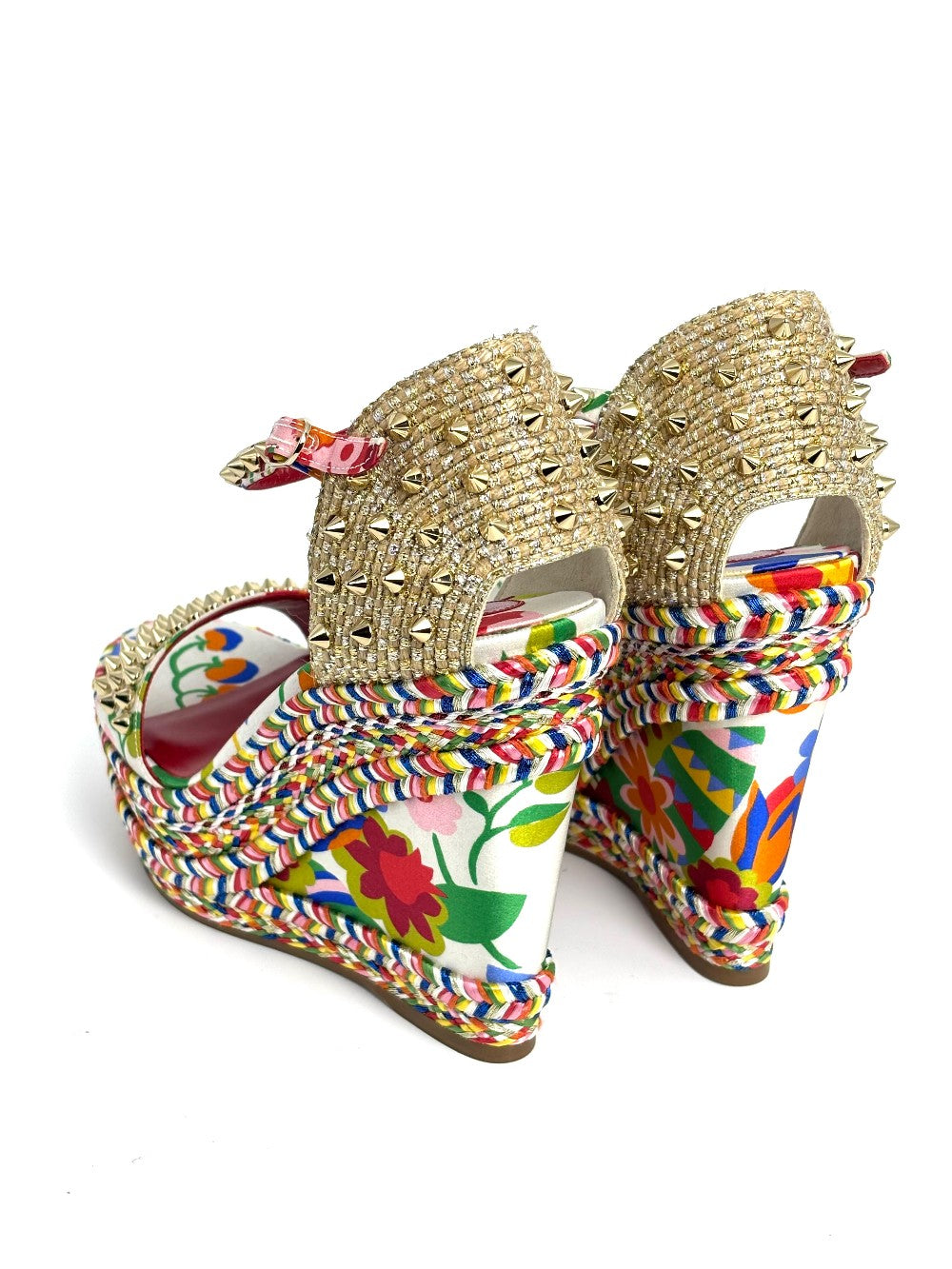 Brand New. Christian Louboutin Madmonica Espadrille Wedge Multicolor Gold Studded. 37|12367