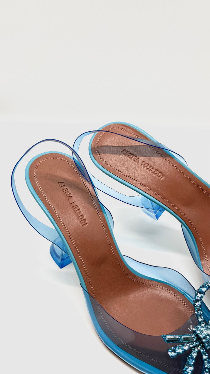 Brand New. Amina Muaddi Rossie Heel Turquoise. 38.5|10951