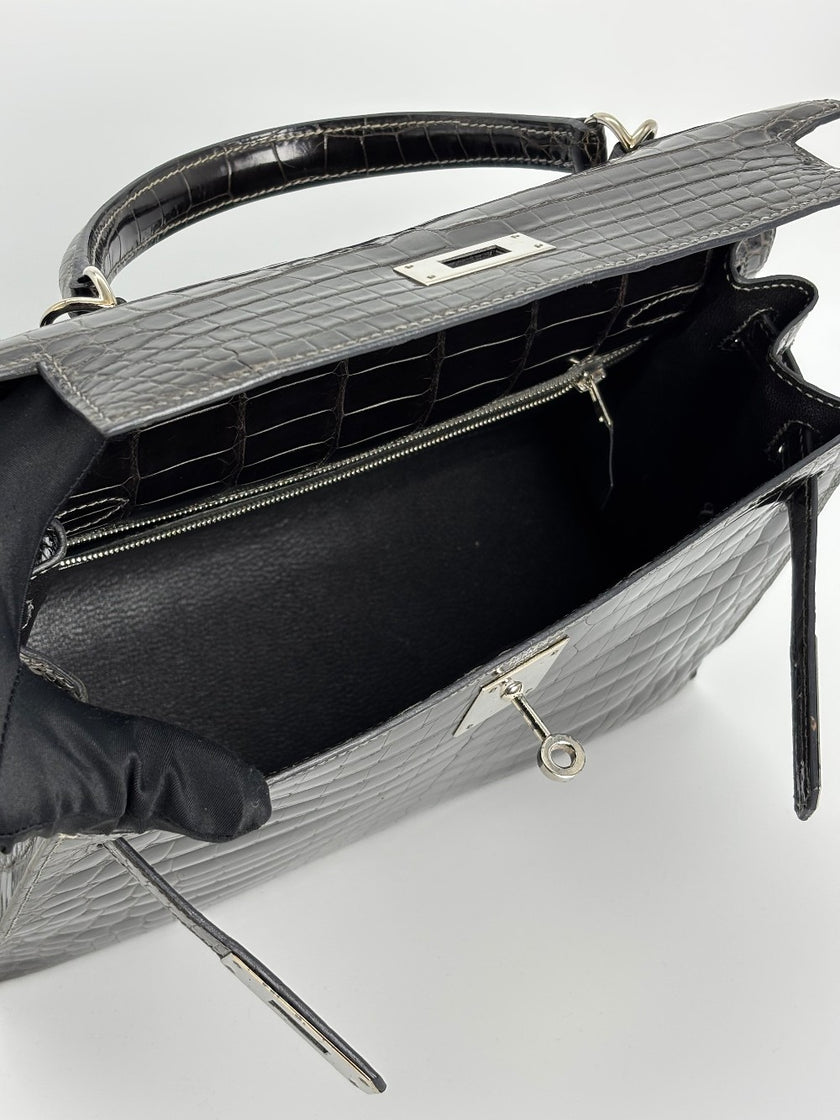 [SALE] Preowned. Hermes Kelly 28 Croc Gris Fonce. J45S|3372