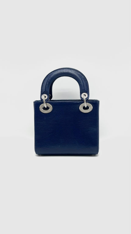 Preowned. Lady dior Mini Lizard Blue With Silver Stone Crystal SHW. 02MA0189|16622