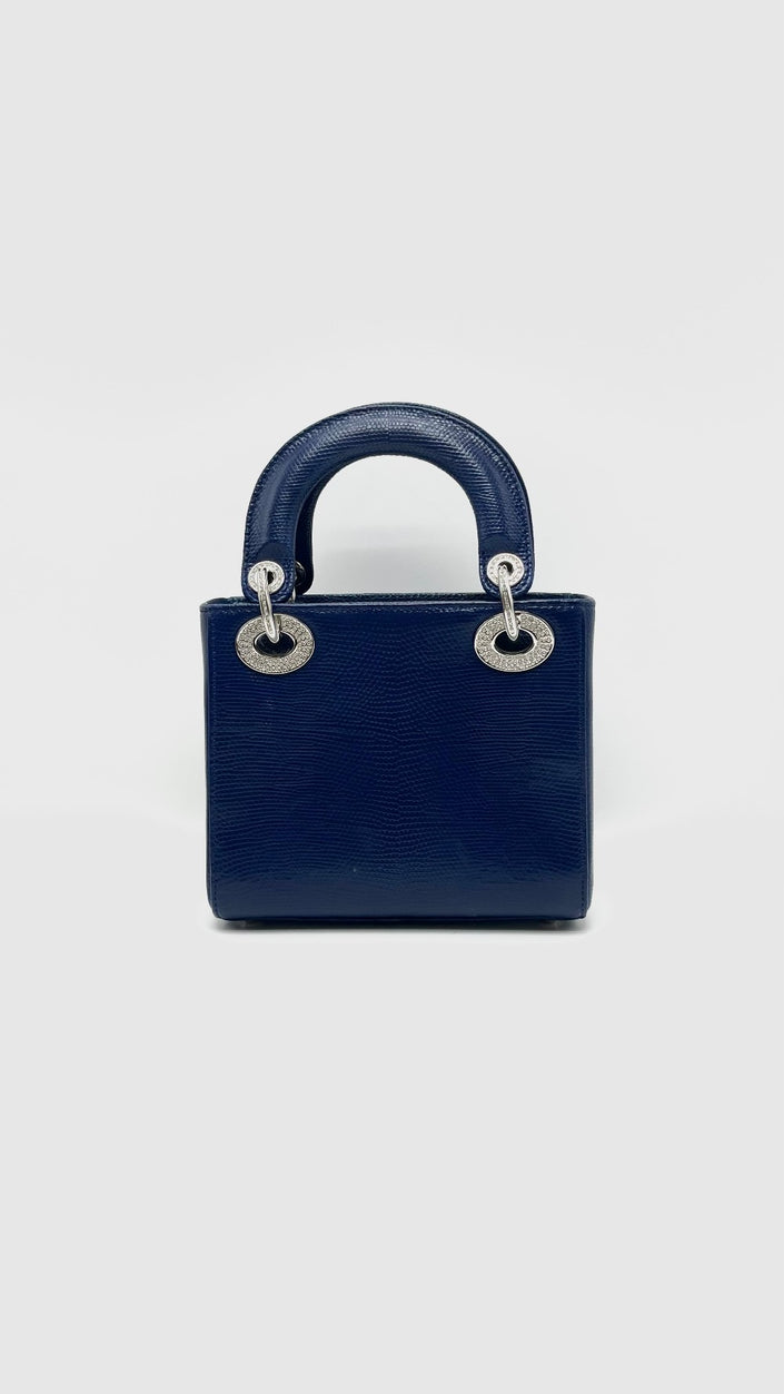 Preowned. Lady dior Mini Lizard Blue With Silver Stone Crystal SHW. 02MA0189|16622