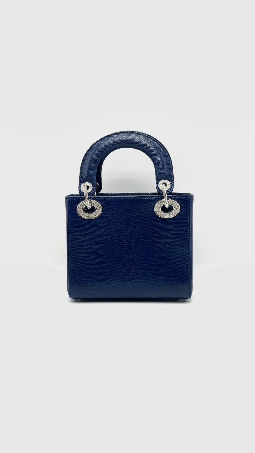 Preowned. Lady dior Mini Lizard Blue With Silver Stone Crystal SHW. 02MA0189|16622