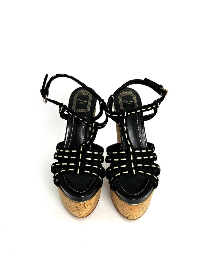 Preowned. Dior Antica Wedge Black Suede&Patent. 36.5|12891