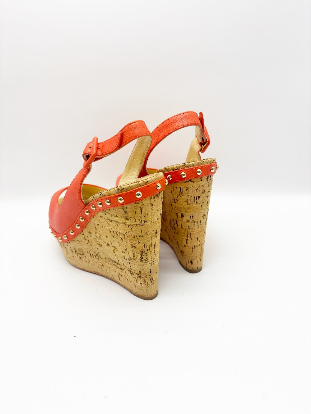 Unused. Christian Louboutin Monico Slingback Cork Platform Wedge Flame/Gold. 39|17846