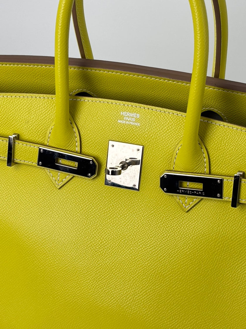 Preowned. Hermes Birkin 30 Bicolor Lime/Gris Epsom PHW. O124.S|3474